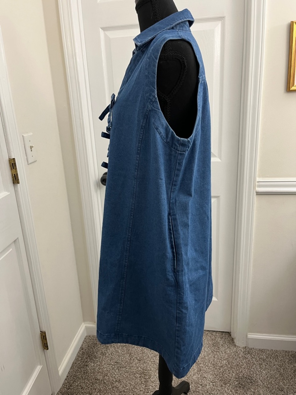 Amazon Denim Sleeveless Mini Dress in Blue with Front Tie Details - Picture 3 of 4